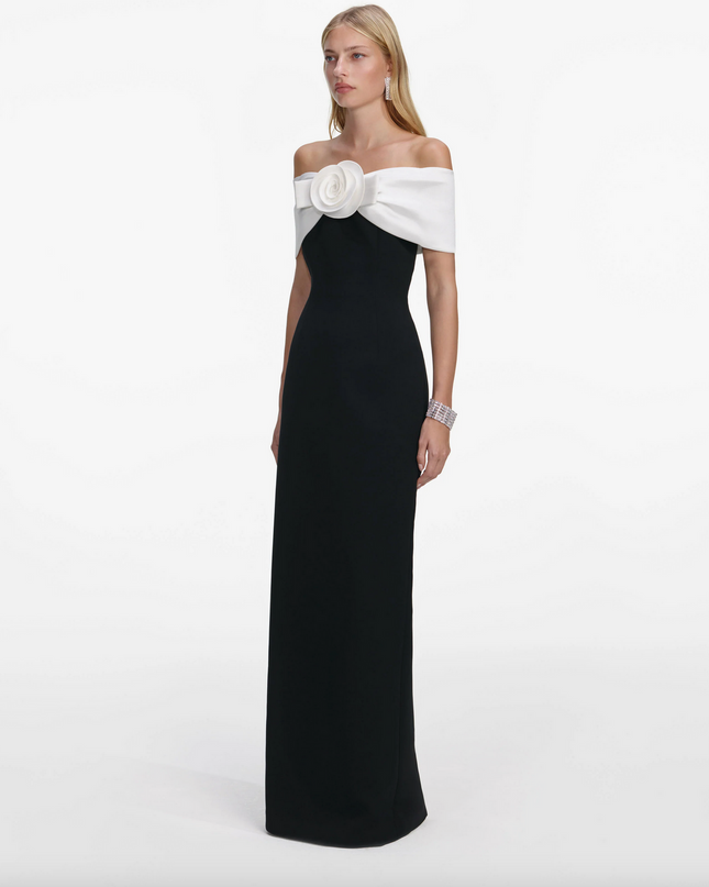 Black Crepe Flower Maxi Dress