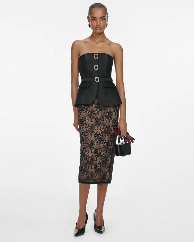 Black Floral Lace Midi Skirt