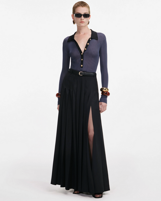 Black Pleated Twill Maxi Skirt