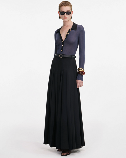 Black Pleated Twill Maxi Skirt