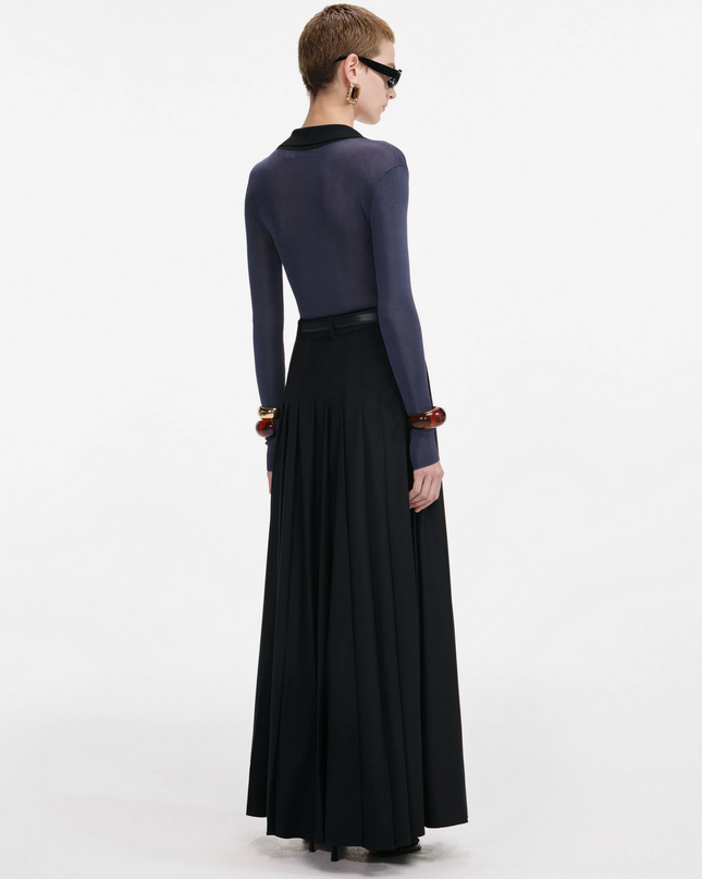 Black Pleated Twill Maxi Skirt