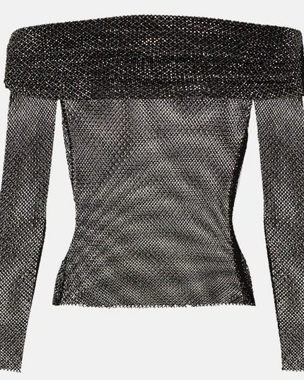 Black Rhinestone Off-shoulder Fishnet Top