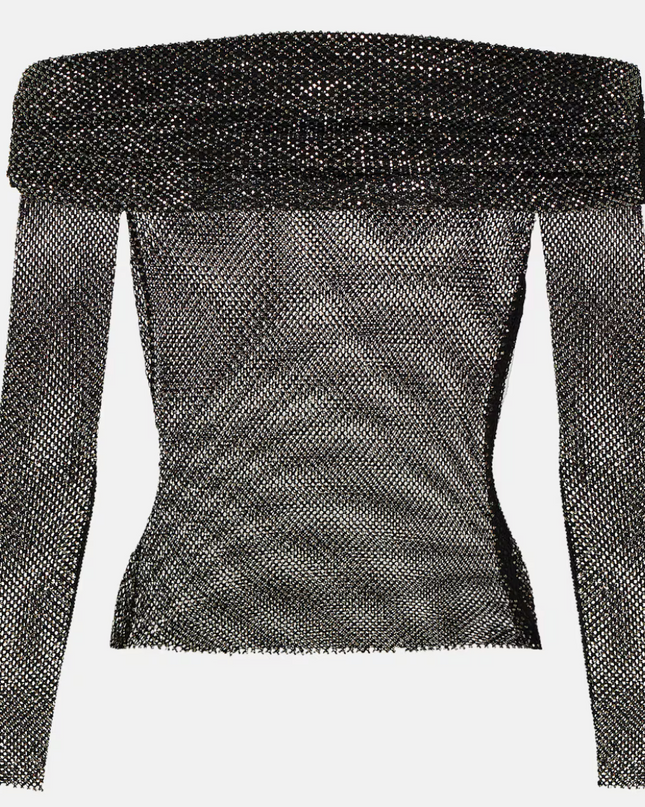 Black Rhinestone Off-shoulder Fishnet Top