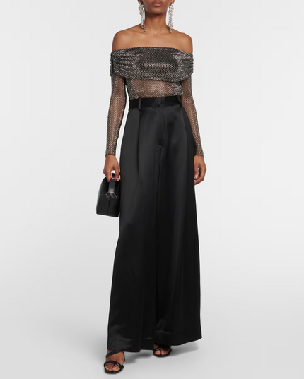 Black Rhinestone Off-shoulder Fishnet Top