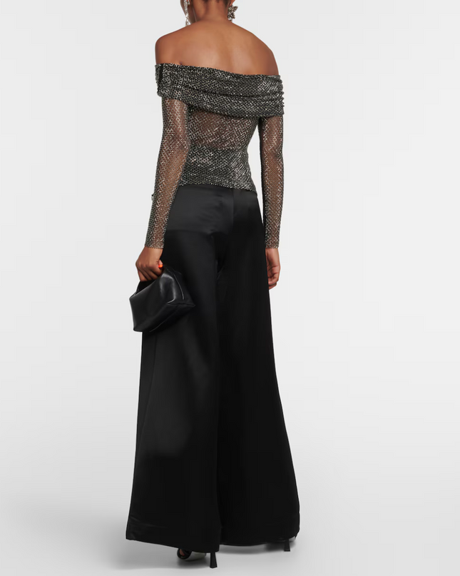 Black Rhinestone Off-shoulder Fishnet Top