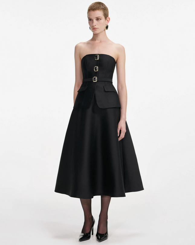 Black Taffeta Bandeau Midi Dress