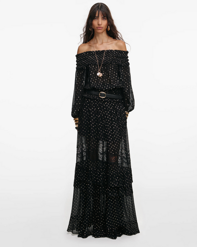 Black and Gold Chiffon Lace Maxi Skirt