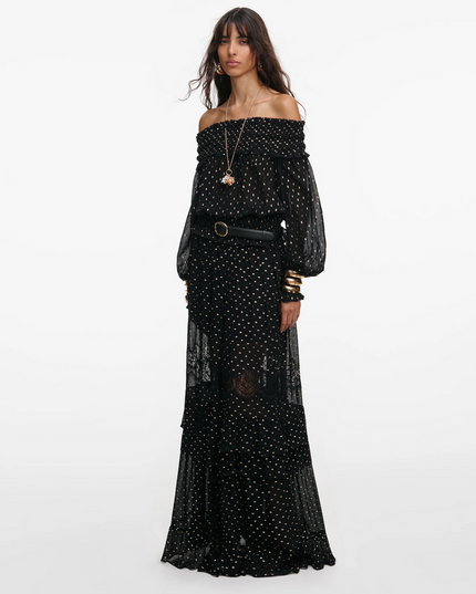 Black and Gold Chiffon Lace Maxi Skirt