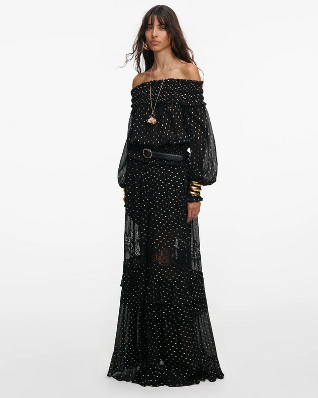 Black and Gold Chiffon Lace Maxi Skirt