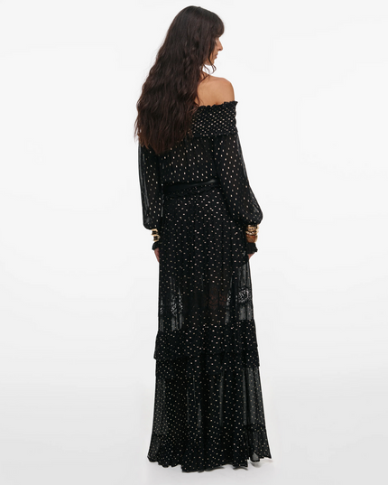 Black and Gold Chiffon Lace Maxi Skirt