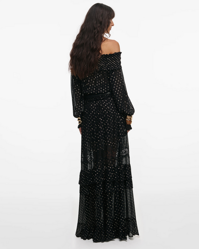 Black and Gold Chiffon Lace Maxi Skirt