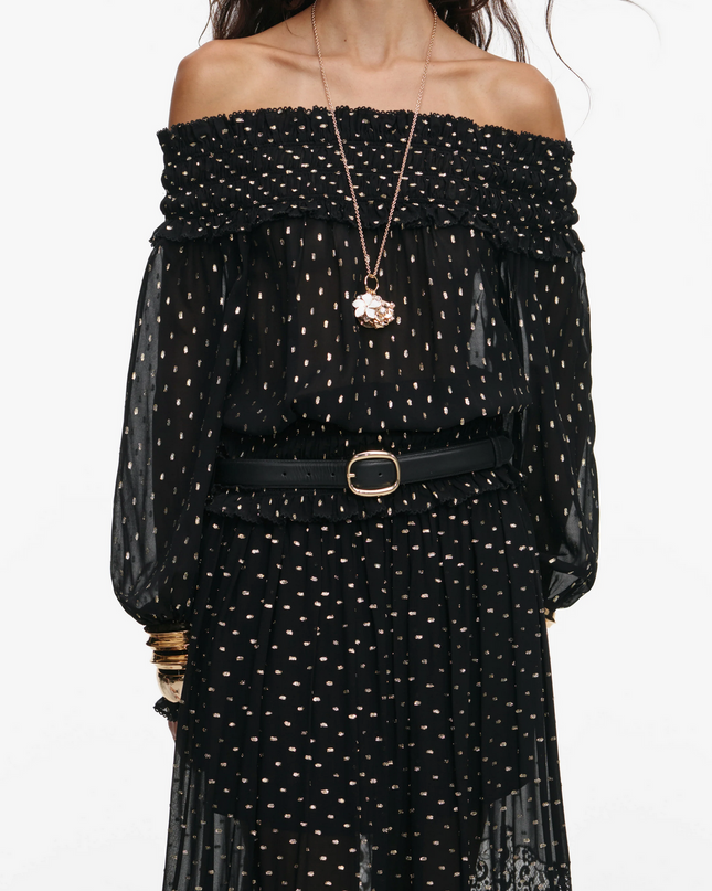 Black and Gold Chiffon Lace Maxi Skirt
