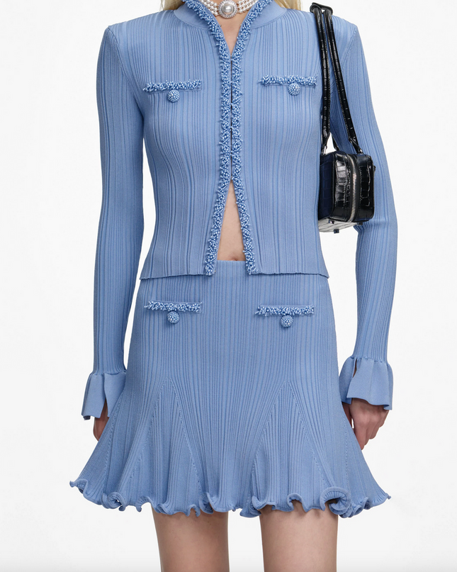 Blue Pearl Trim Knit Mini Skirt