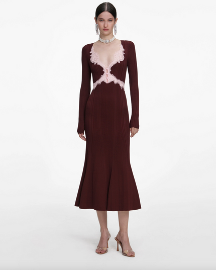 Brown Contrast Lace Knit Midi Dress