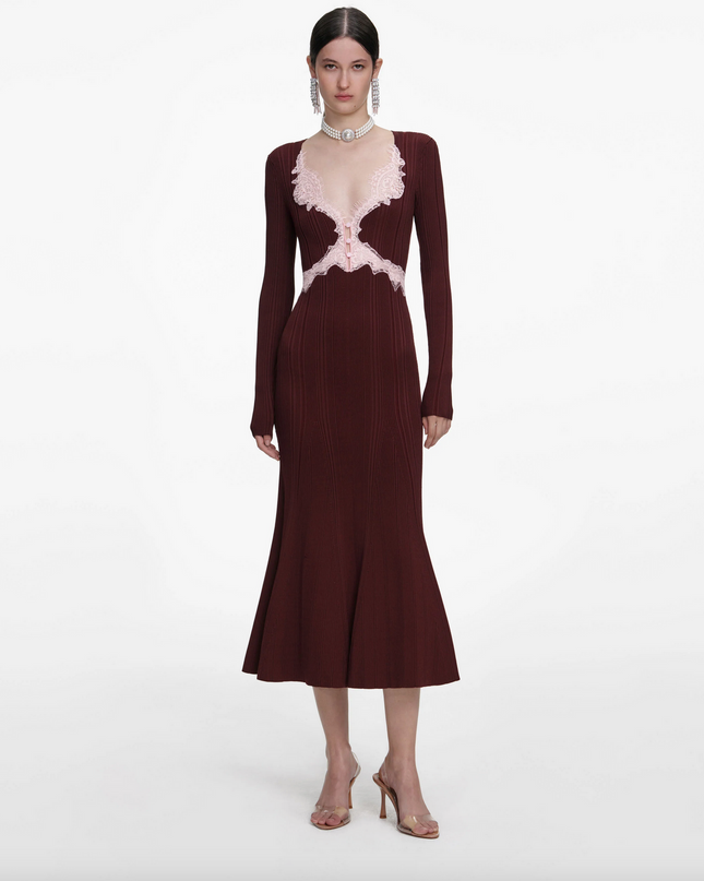 Brown Contrast Lace Knit Midi Dress