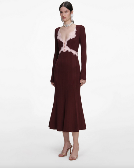 Brown Contrast Lace Knit Midi Dress