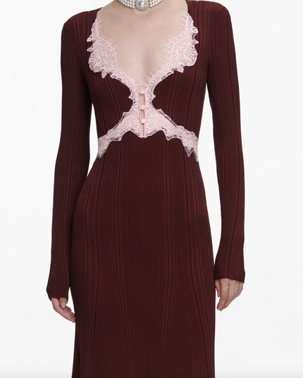 Brown Contrast Lace Knit Midi Dress