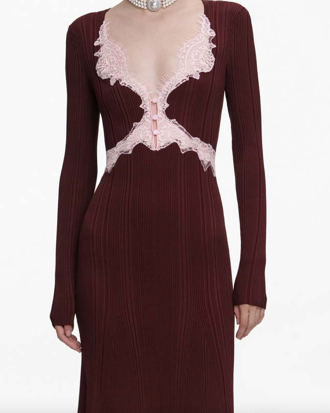 Brown Contrast Lace Knit Midi Dress