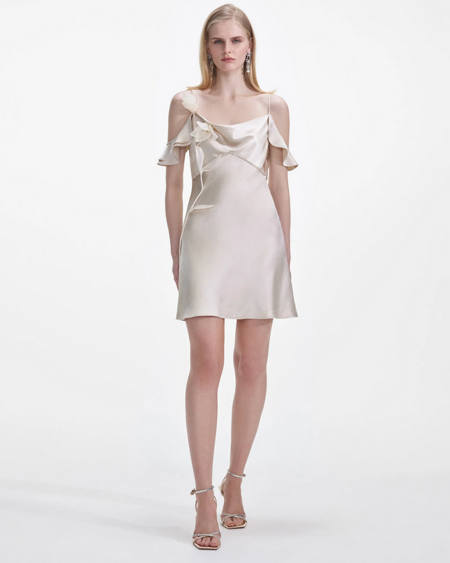 Champagne Satin Flower Mini Dress