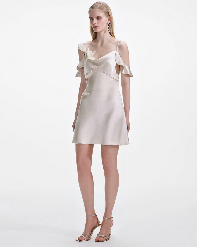Champagne Satin Flower Mini Dress