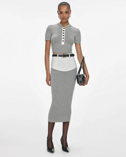 Grey Knit Denim Insert Midi Skirt