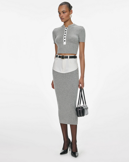 Grey Knit Denim Insert Midi Skirt