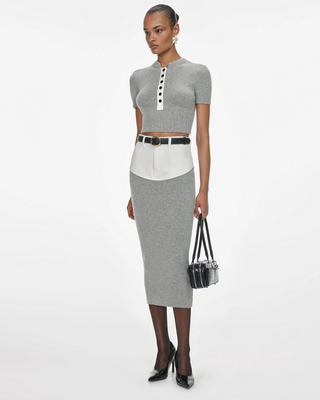 Grey Knit Denim Insert Midi Skirt