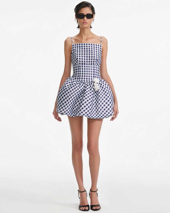 Navy Gingham Taffeta Mini Dress