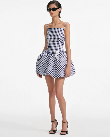 Navy Gingham Taffeta Mini Dress