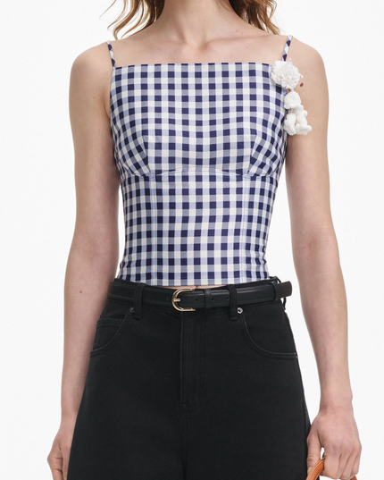 Navy Gingham Taffeta Top