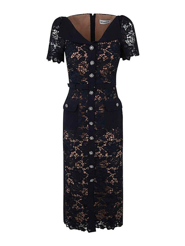 Navy Lace Open Neck Midi Dress