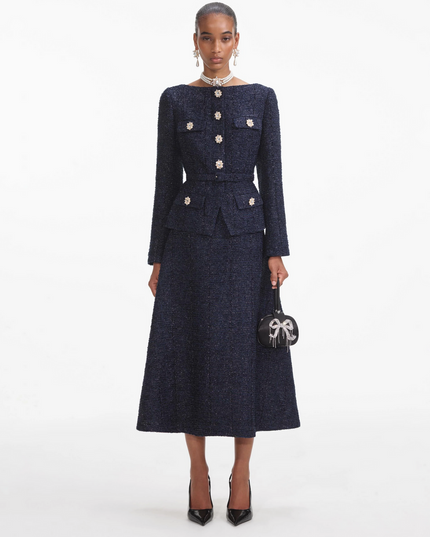 Navy Metallic Boucle Midi Dress
