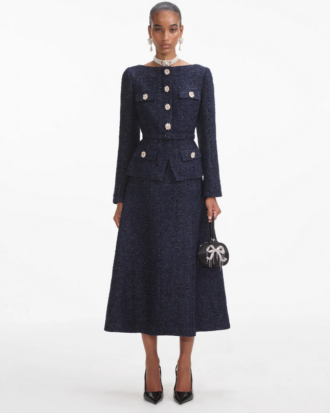Navy Metallic Boucle Midi Dress