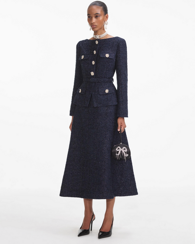 Navy Metallic Boucle Midi Dress