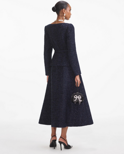 Navy Metallic Boucle Midi Dress