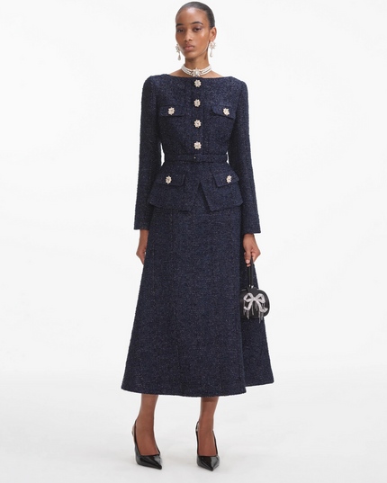 Navy Metallic Boucle Midi Dress