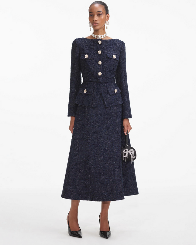 Navy Metallic Boucle Midi Dress