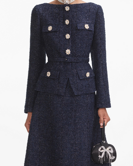 Navy Metallic Boucle Midi Dress