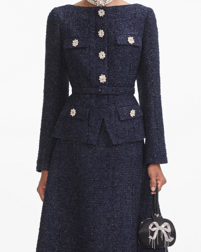 Navy Metallic Boucle Midi Dress