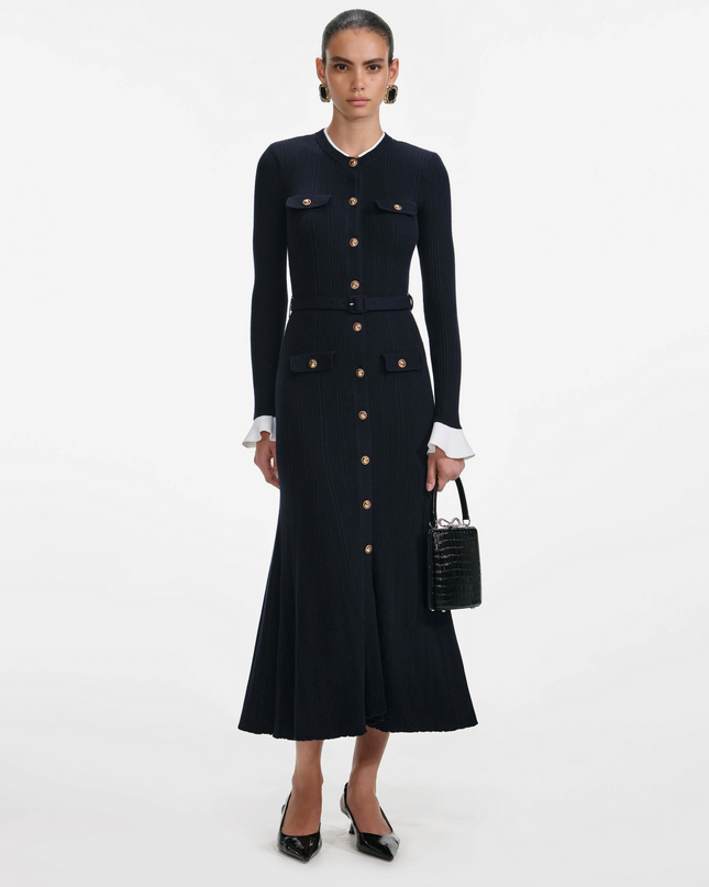 Navy Viscose Knit Midi Dress