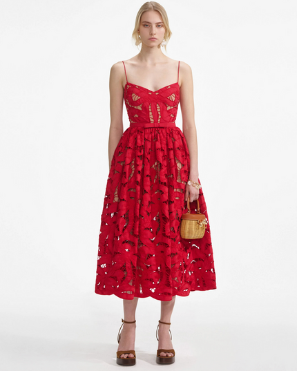 Red Bow Embroidered Midi Dress
