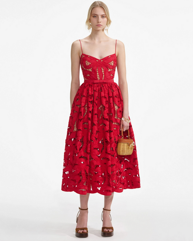 Red Bow Embroidered Midi Dress