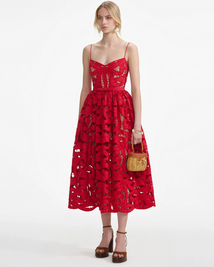 Red Bow Embroidered Midi Dress