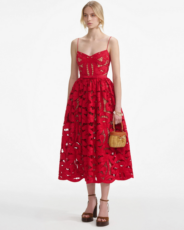 Red Bow Embroidered Midi Dress