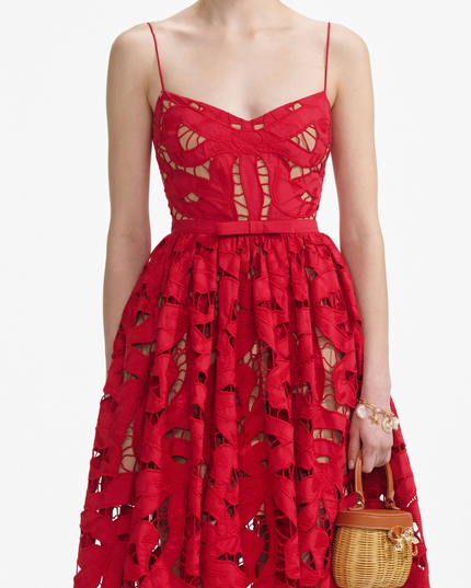 Red Bow Embroidered Midi Dress