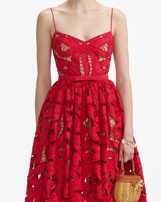 Red Bow Embroidered Midi Dress