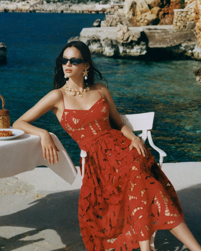 Red Bow Embroidered Midi Dress