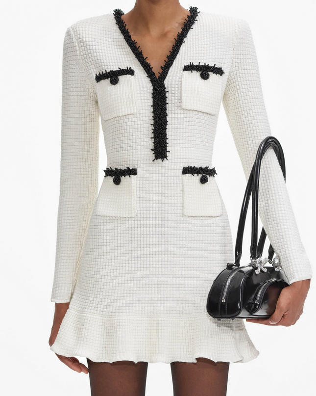 White Pearl Trim Knit Mini Dress