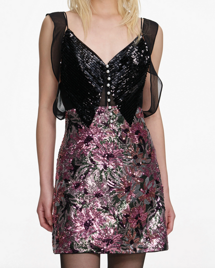 Floral Sequin Lace Trim Mini Dress
