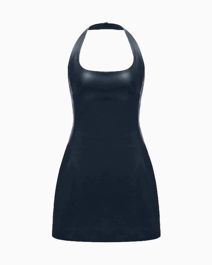 Two-sided Halterneck Leather Mini Dress Navy Blue